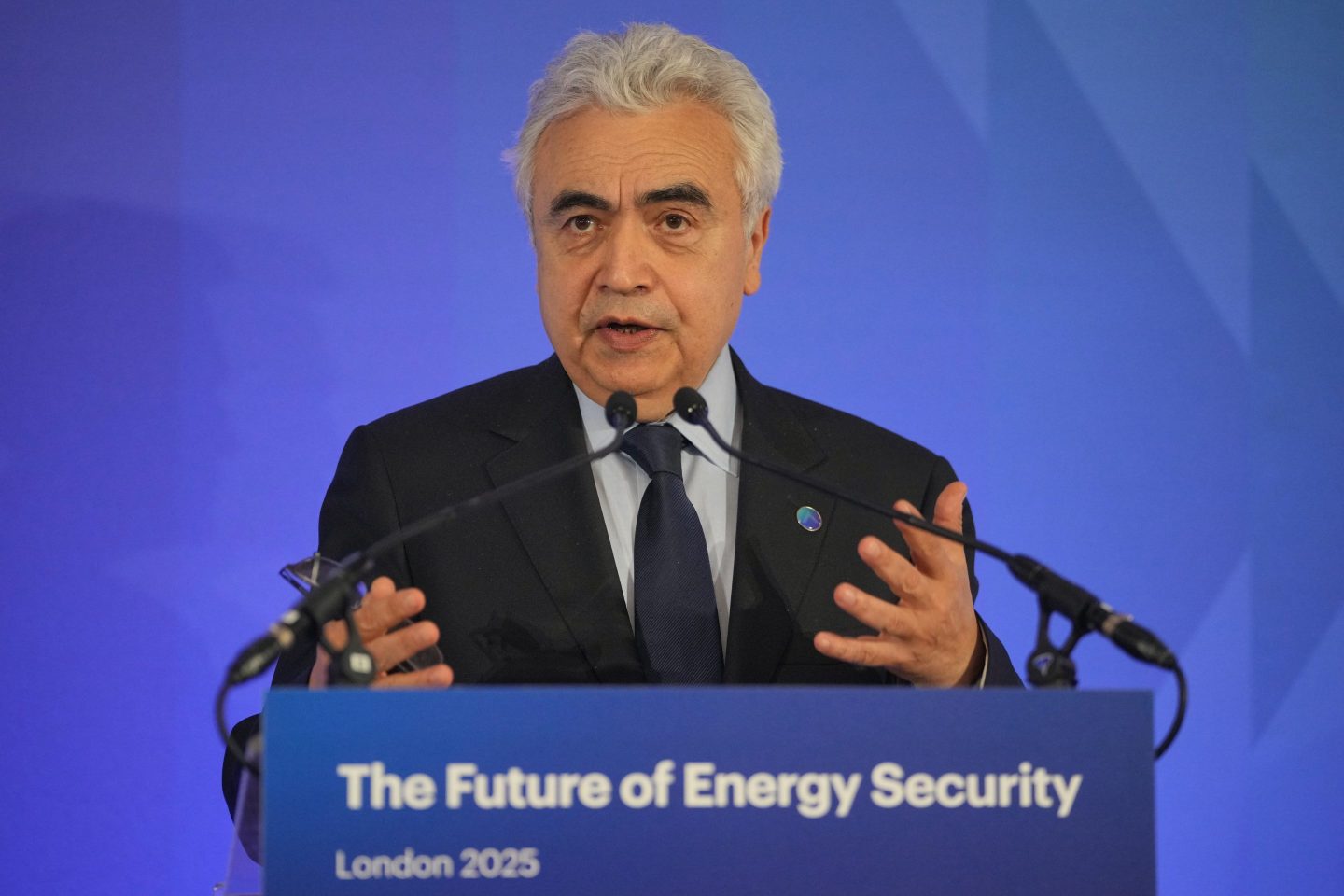 LONDON, ENGLAND - APRIL 25: Fatih Birol, Executive Director of the International Energy Agency (IEA) during a press conference on day two of the International Summit on the Future of Energy Security at Lancaster House on April 25, 2025 in London, England. This Summit examines the geopolitical, technological and economic factors affecting energy security at a national and international level. (Photo by Kin Cheung - WPA Pool/Getty Images)